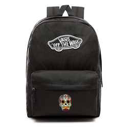 VANS Realm Backpack black VN0A3UI6BLK + Custom Mexican Skull White Birds