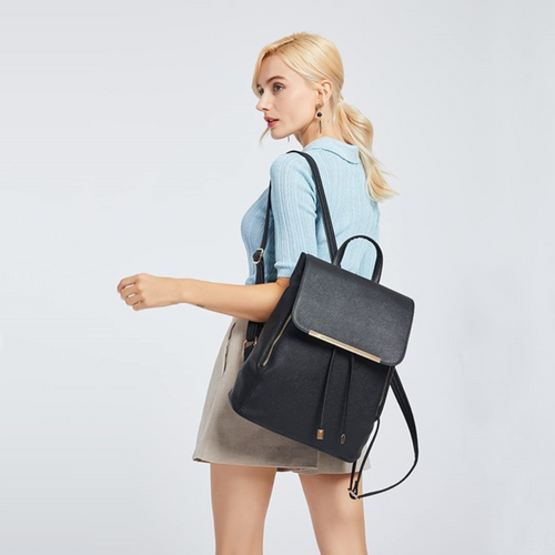 Women's leather black backpack KONO Aurora for school and work